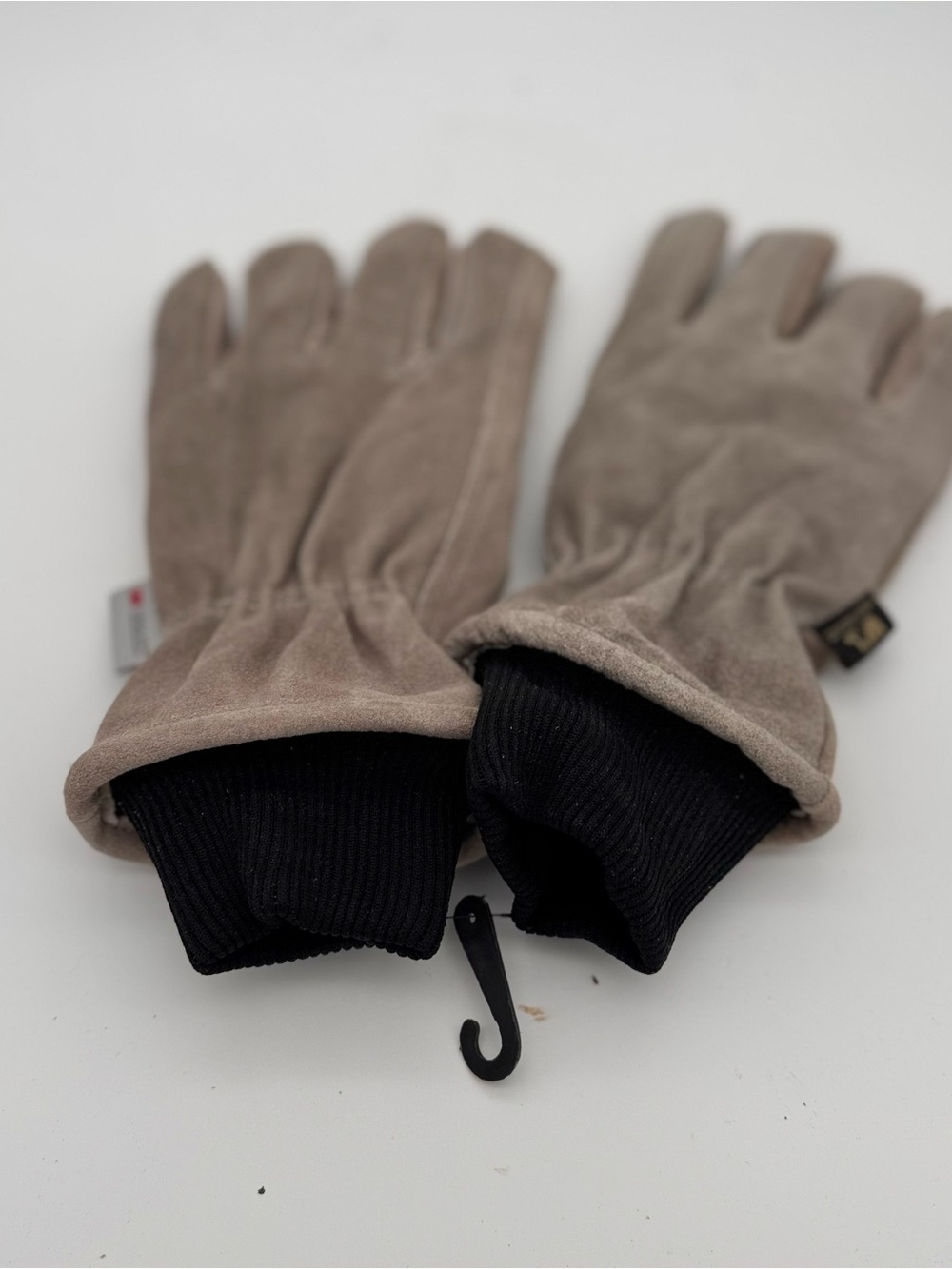 Men's Taupe Suede-Style Gloves with Black Knit Cuffs